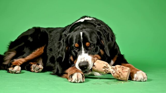 Bernese Mountain Dog Chewing on a Chew Bone Against a Green Screen Background in a Studio Setting