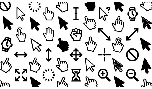 Pixel cursor icons vector collection with retro arrow pointers click hands and computer UI symbols