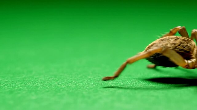 Close-Up Footage of a Brown Spider Crawling on a Vibrant Green Background in Macro Perspective