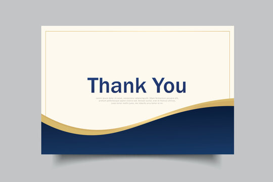 A professional and elegant thank you card template design featuring a sophisticated navy blue and gold color palette with modern curved graphic elements.