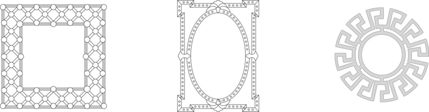 Geometric frame designs: square lattice, rectangular oval with dotted border, and circular Greek key pattern. Minimalist line art.