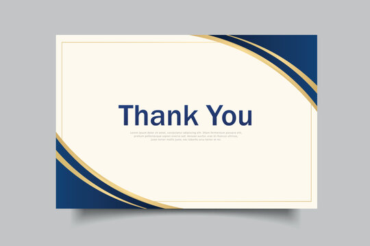 A professional and elegant thank you card template design featuring a sophisticated navy blue and gold color palette with modern curved graphic elements.