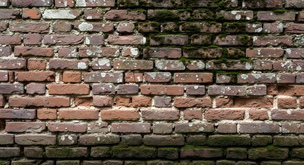 Naklejka premium Weathered Red Brick Wall Texture with Green Moss and Old Stains