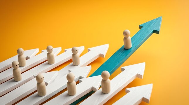 Dynamic visual concept of leadership and success, with a prominent individual breaking away on a steep blue arrow, symbolizing growth, innovation, and career advancement