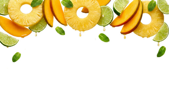 Tropical fruit slices with dripping juice, transparent background