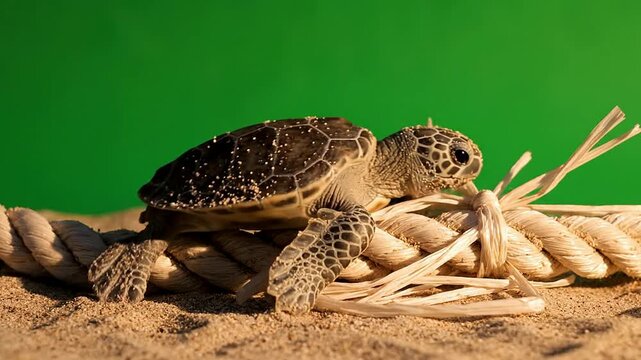 Close-Up Footage of a Young Sea Turtle Interacting with Textured Rope on Sandy Surface with Vibrant Green Background
