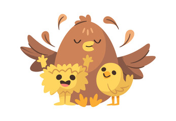 Fototapeta premium Hen Hugging Chicks Family Cartoon Style