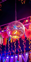 Glittering disco ball suspended against dark blue night sky, surrounded by vibrant party decorations, twirling, joyful