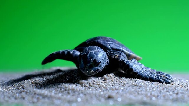 Close-Up of a Baby Turtle Emerging from Sand Against a Vibrant Green Background