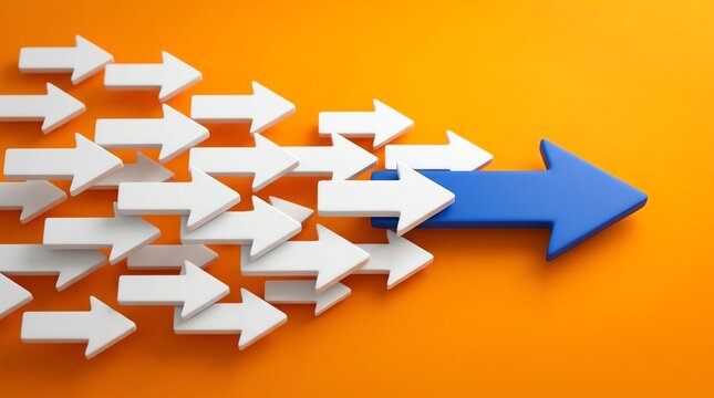 Powerful blue arrow guiding a multitude of white arrows forward, representing strong leadership, teamwork, innovation, and strategic progress towards a common goal