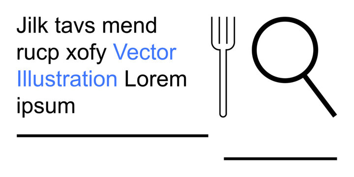 Food exploration, research, minimal design, eating habits, culinary concepts, education. Fork and magnifying glass with text blocks. Food exploration and research highlighted