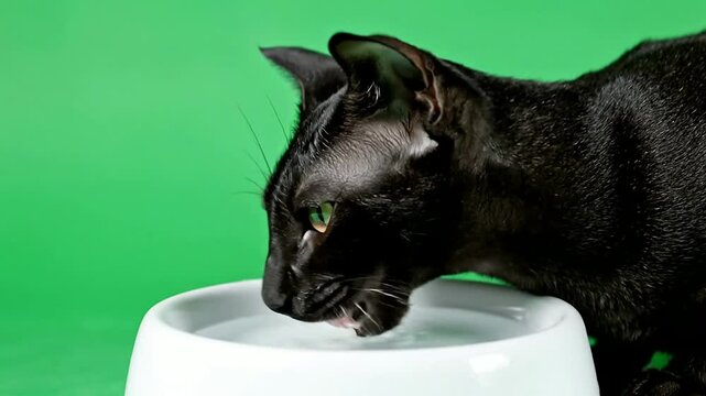 Close-Up of a Black Cat Drinking Water from a White Bowl Against a Bright Green Background