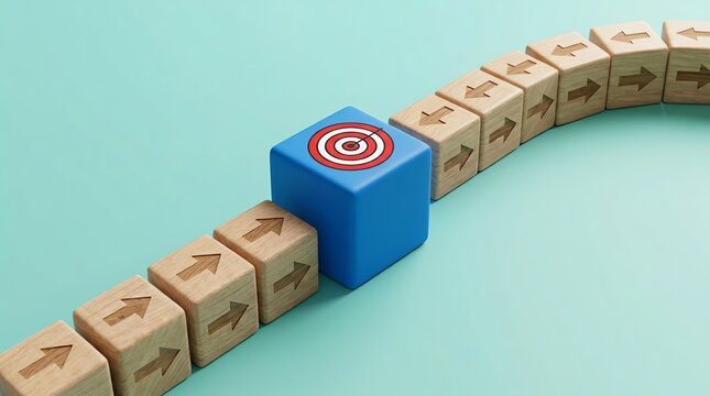 Strategic goal achievement concept with a prominent blue target block guiding the directional path of numerous wooden arrow blocks