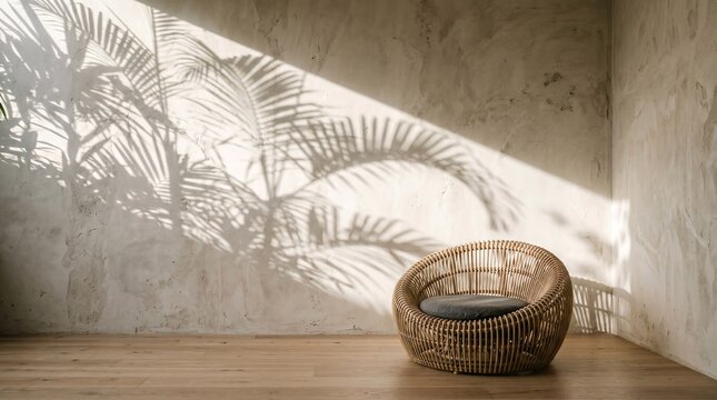 Minimalist Zen Corner with Wabi-Sabi Wall and Rattan Chair