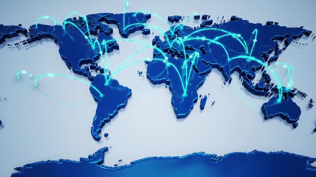 Stylized 3D world map with deep blue liquid surface, pulsating with vibrant cyan data streams illuminating continental nodes and global digital network connections. Orbital camera and close-ups