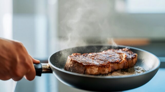Hand holding pan with perfectly seared beef steak with smoke and golden crust in modern cooking environment