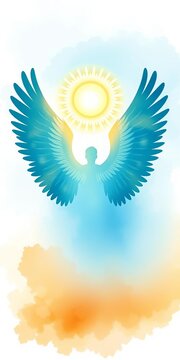 Radiant wingspan silhouette on soft blue watercolor background, golden light emanating from halo, divine, wings