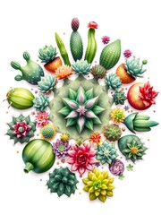 Fototapeta premium Whimsical illustration of cacti and succulents arranged in a circular mandala pattern on a white background, interior design ideas, botanical illustrations