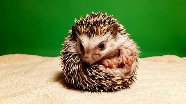 Close-Up of a Curled Hedgehog Resting on Soft Fabric with a Vibrant Green Background