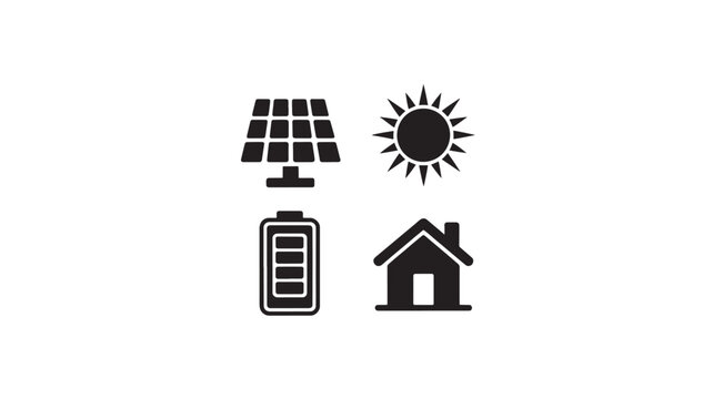 Solar Energy Icons Set Panel Battery Home Renewable Power Minimal Black Vector for Clean Energy Systems