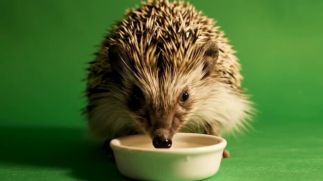 Close-Up of a Hedgehog Drinking Water from a Small Dish on a Vivid Green Background