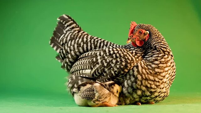 Close-Up of a Hen with Striped Feathers Resting Beside Her Fluffy Chick on a Green Background