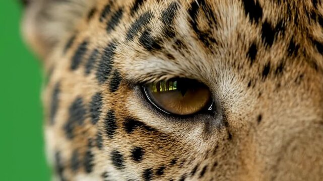 Close-Up of a Leopard's Eye Showcasing Golden Hue and Intricate Markings Against Vibrant Green Background