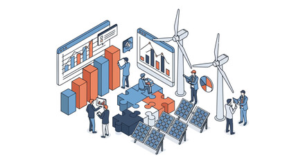 Fototapeta premium Isometric renewable energy inspection and data analysis illustration