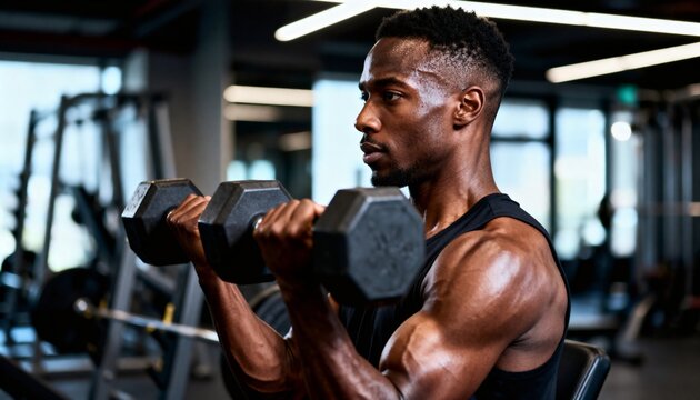 Close-up of a sweating muscular Black man performing bicep curls with hex dumbbells