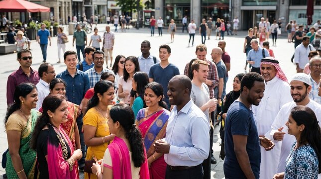 Diverse group of people gathered in a sunny city square, engaging in conversation and social interaction, representing multiculturalism and community
