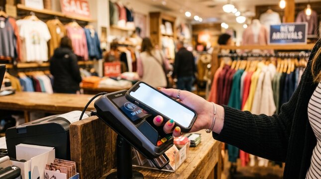 Closeup of a customer using a smartphone for contactless payment at a clothing store checkout counter