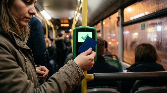 Woman validating a transit card on a bus reader