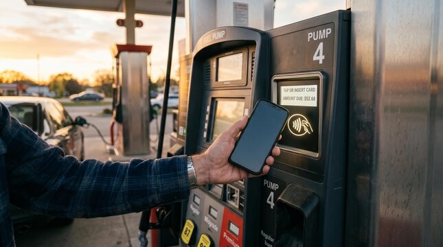 Person using a smartphone for contactless payment at a gas pump at sunset