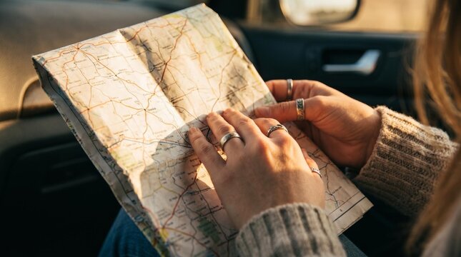 A woman holding a paper map while sitting in a car during a road trip at sunset