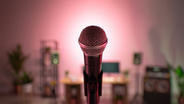 A close-up of a microphone in a recording studio with a pink glow, ready for a live performance or broadcast