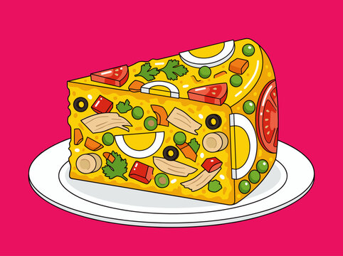 Slice of Cuscuz Paulista with ingredients on plate