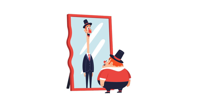 Man with long neck sees slim self in wavy mirror