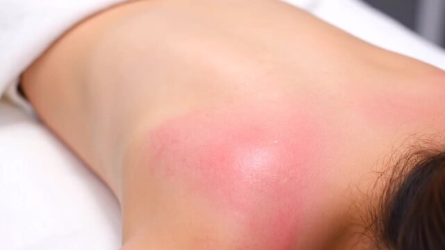 Close-Up View Of Woman's Back Showcasing Skin Redness And Irritation Indicating Possible Allergy Reaction In A Clinical Spa Setting