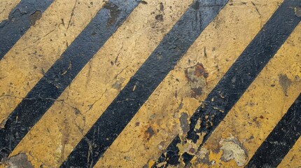 Fototapeta premium Close-up of a weathered surface with diagonal black and yellow stripes, creating a warning pattern.