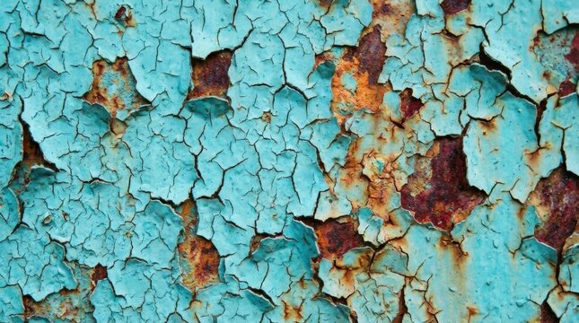 Close-up of weathered, peeling turquoise paint revealing rusty metal underneath, texture and decay.