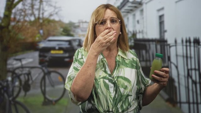 Middle aged woman covers mouth with hand while holding a green juice bottle on a street, wearing leaf print shirt and glasses; surprise health.