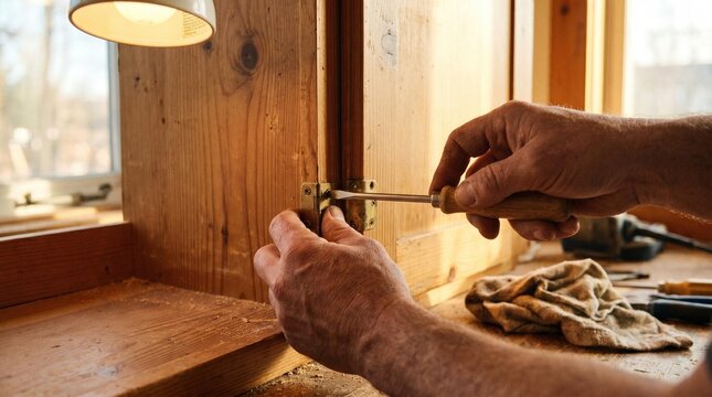 Closeup of a carpenters hands using a screwdriver to install a brass hinge on a wooden cabinet door in a workshop