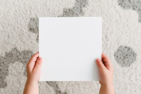 Child hands holding a blank square card mockup against soft textured background for creative design presentation and minimal branding concept