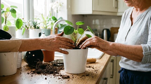 Closeup of two peoples hands planting a pilea peperomioides plant in a white pot on a wooden kitchen counter