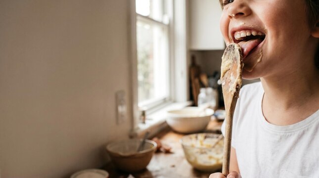 Closeup of a happy child licking cake batter off a wooden spoon in a home kitchen