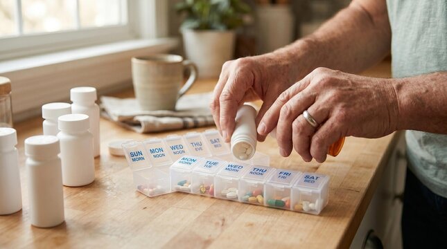 Senior man organizing his daily medication into a weekly pill organizer on a kitchen counter