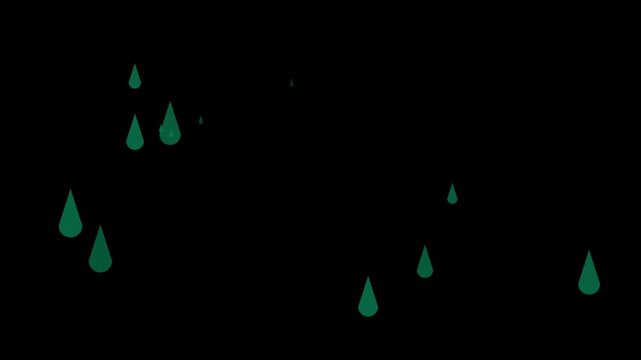 Abstract animation of stylized green rain drops falling against a dark black background. Modern motion graphics for nature, environment, or digital concepts.