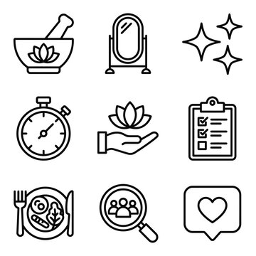 Wellness beauty lifestyle management linear icon collection with wellness lifestyle breakfast