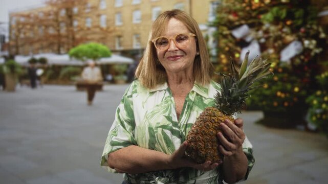 Woman holding pineapple and smiling, wearing glasses and a tropical shirt in a busy street plaza with cafes and a decorated christmas tree; cheerful holiday.
