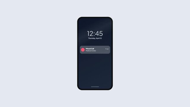 Smartphone Screen Displaying Missed Call Notification from Medical Center on Dark Lock Screen Flat Vector Animation